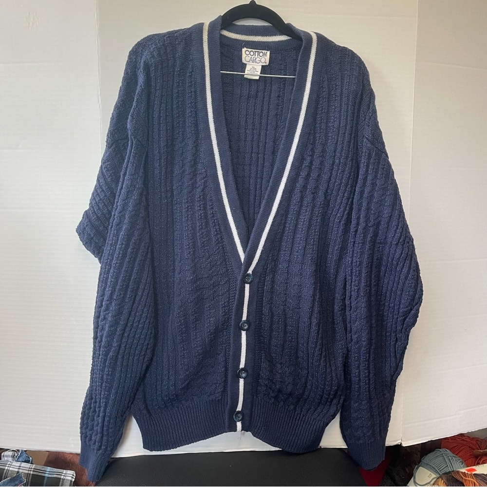 Cotton cargo, XL blue grandpa style sweater cardigan V-neck long sleeve buttons